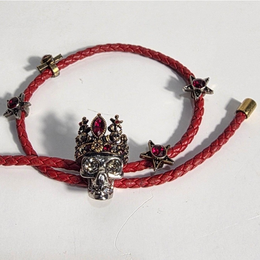 Alexander McQueen Red Braided Leather Skull Crown Star Wrap Bracelet Made Italy - Picture 2 of 11